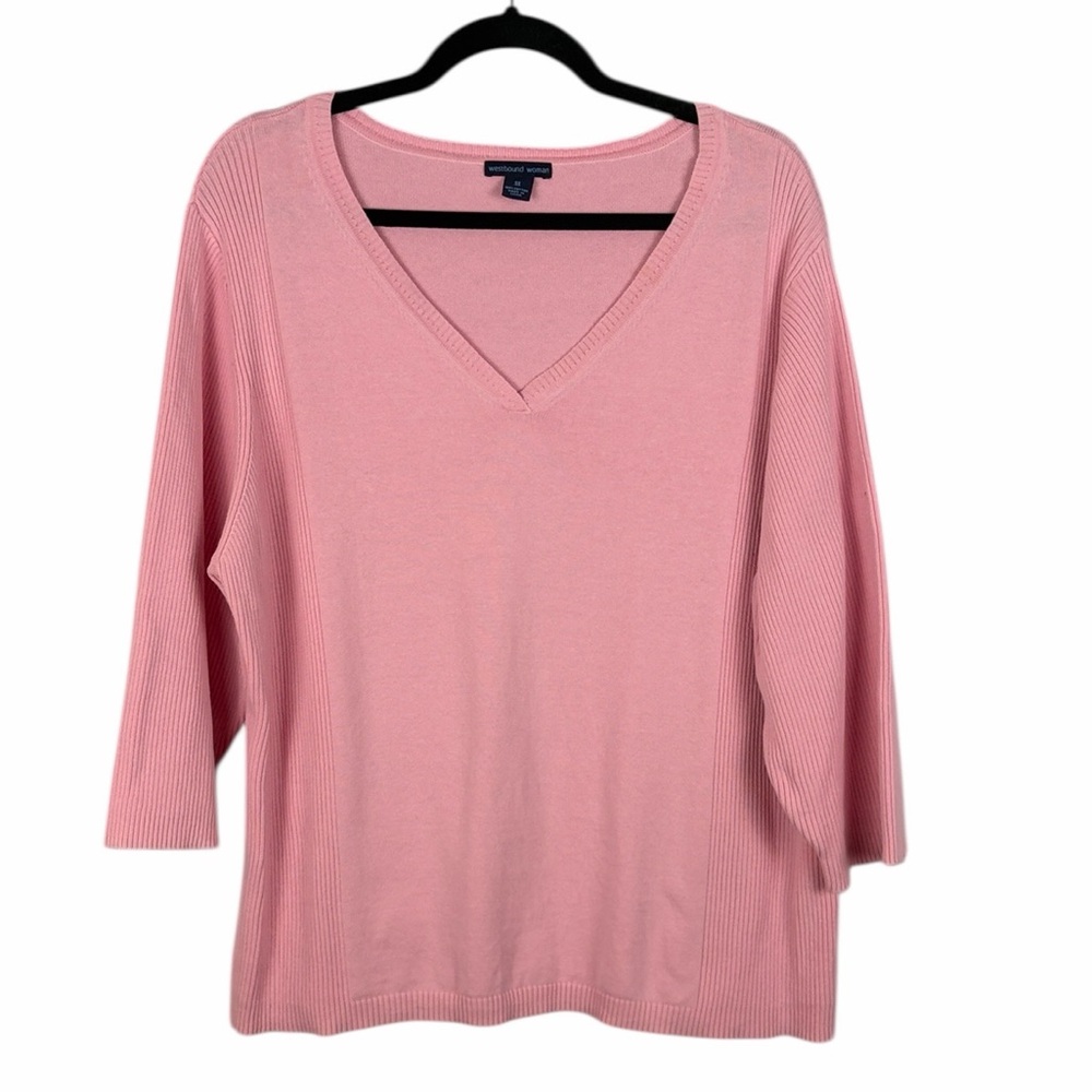 Westbound Woman Pink V-Neck Sweater 3/4 Sleeve Rib Knit Top Plus Size 3X